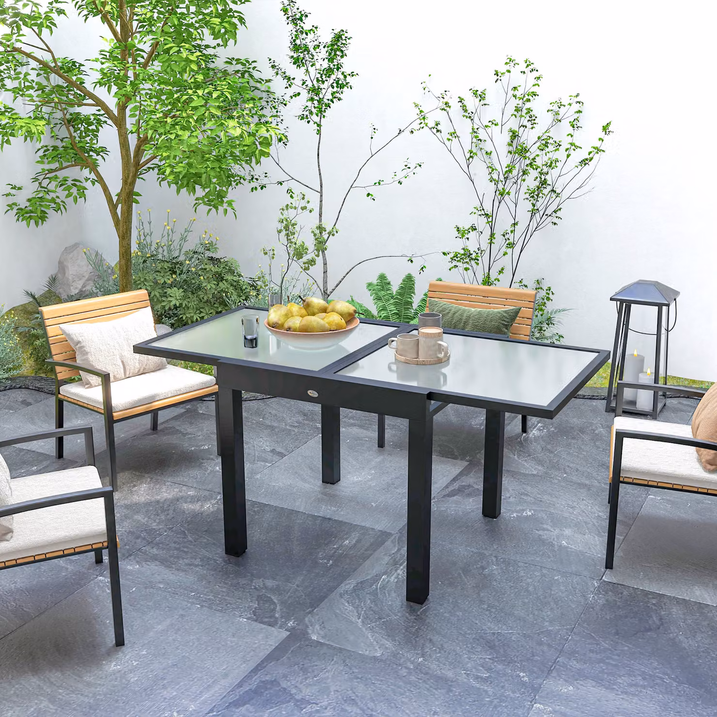 Outsunny Extendable Outdoor Garden Dining Table with Black Powder Coated Aluminium Frame and Clear Tempered Glass Top, W: 80/160 cm, D: 80 cm, H: 75 cm – 8