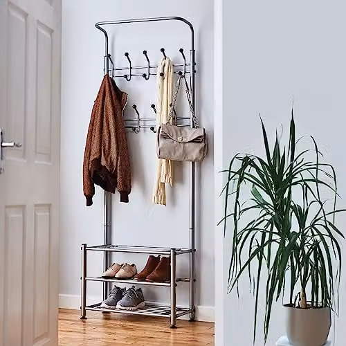 Direct Online Houseware House of Home Grey Metal Coat Stand with Shoe Rack and 18 Hooks