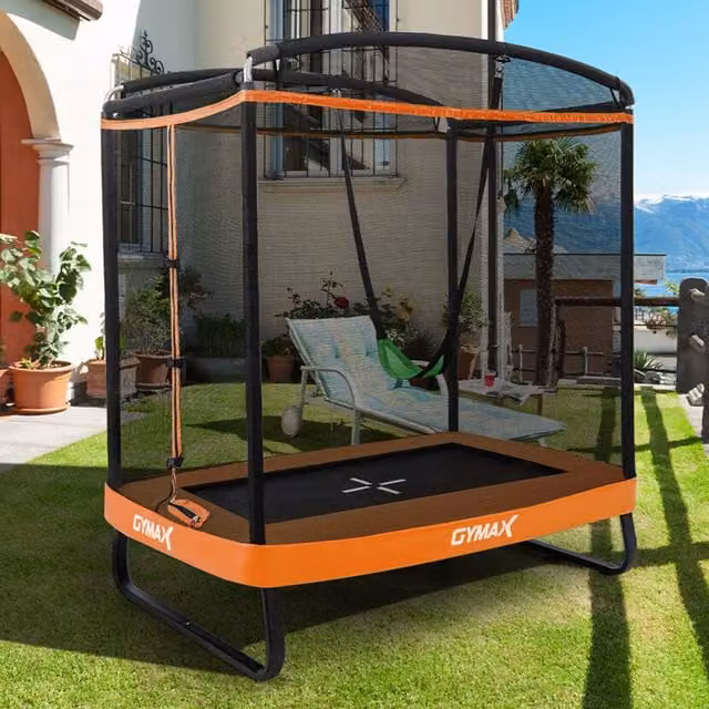 Costway 7FT Kids Mini Trampoline with Swing and Safety Net in Orange