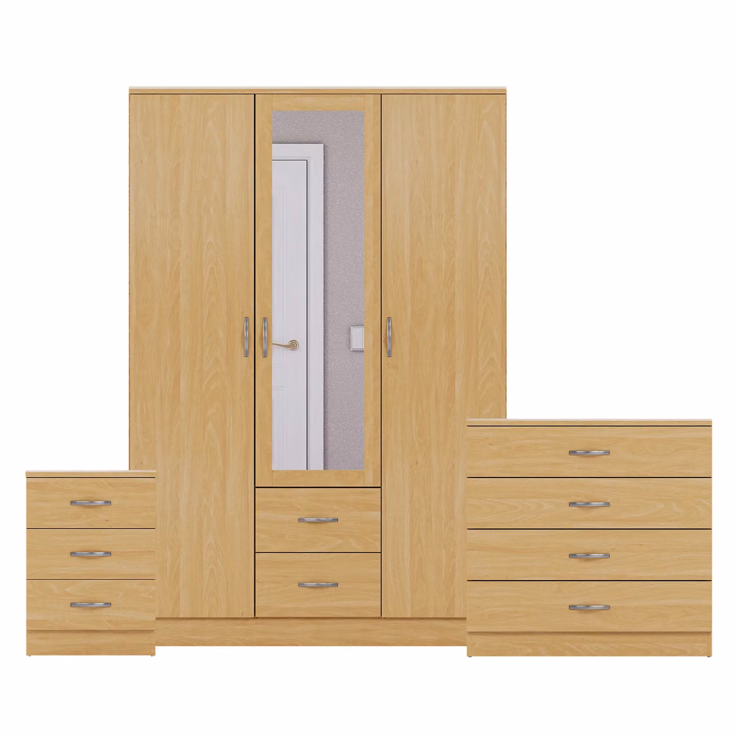 Vida Designs 3 Piece Modern Bedroom Set in Brown featuring 3 Bedside Tables, 4 Drawer Chest and Mirror Wardrobe – 2