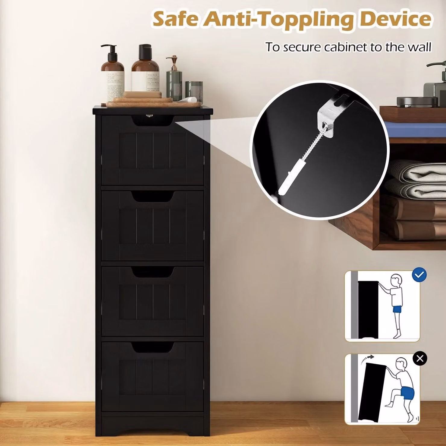 Gymax Black Freestanding Bathroom Storage Cabinet with Doors and Drawers – 6