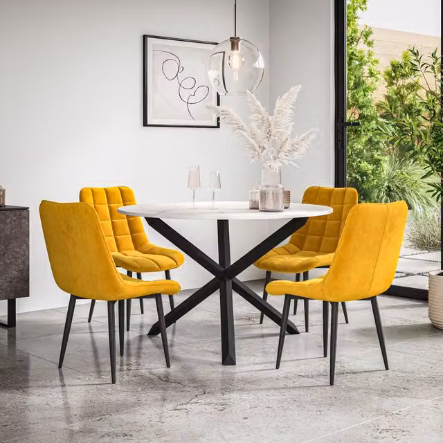 More4Homes Malvern Round Dining Table and 4 Nova Velvet Dining Chairs Set, Marble Top with Black Solid Oak Legs, Mustard