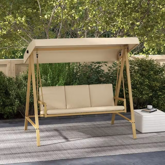 Outsunny 3 Seat Modern Garden Swing Chair with Adjustable Sun Canopy and Cushions in Beige and White