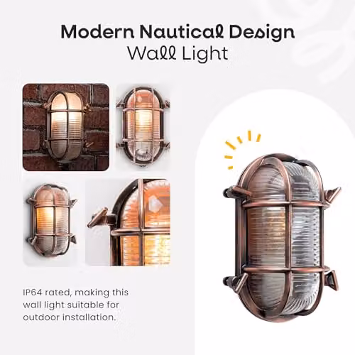 ValueLights Bow Nautical Oval Bulkhead IP64 Outdoor Garden Wall Light in Copper – 2