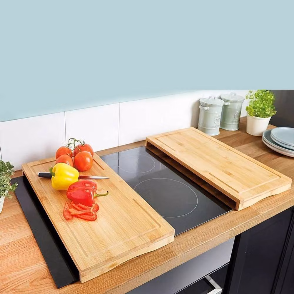 VOGREX Bamboo Chopping Board Set and Induction Hob Cover in Natural Brown – 3
