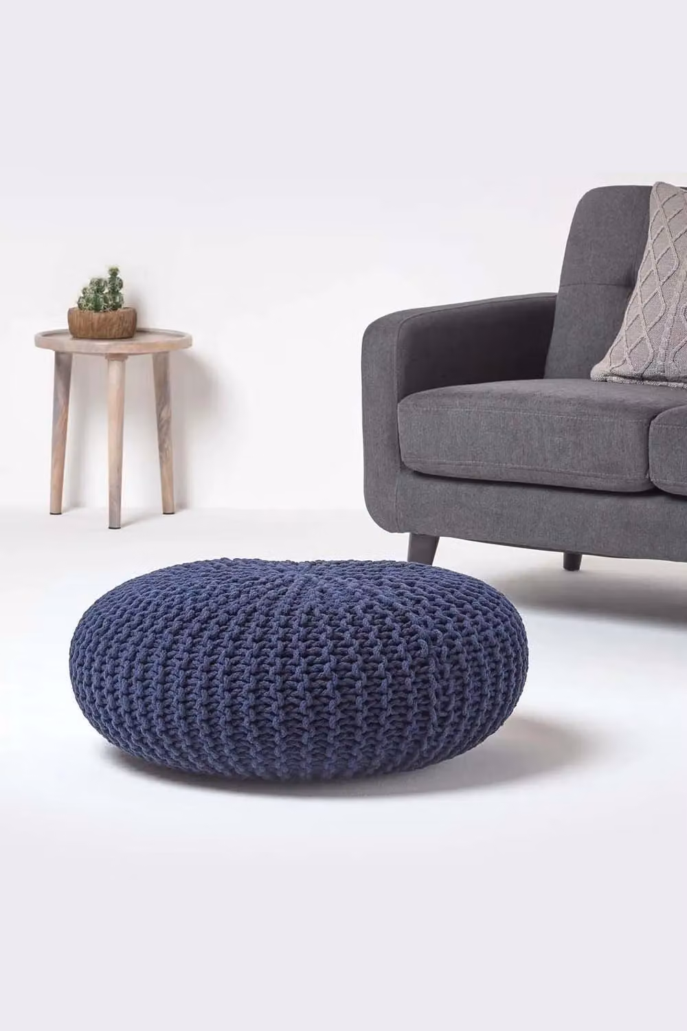 Homescapes Large Round Navy Blue Cotton Knitted Pouffe Footstool – 2