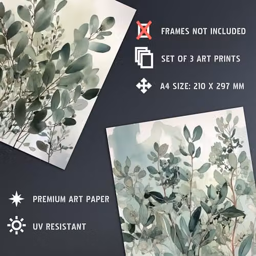 Artery8 Set of 3 Sage Green Botanical Eucalyptus Leaves Watercolour Boho Wall Art Paper Poster Prints, W: 21.0 cm, H: 29.7 cm – 4