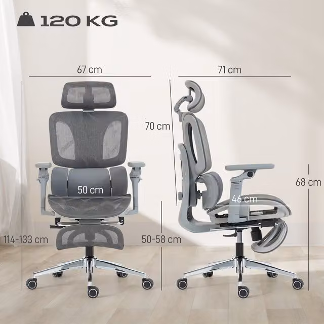 HOMCOM Ergonomic Grey Fabric Office Chair with Lumbar Support, Headrest and Armrests