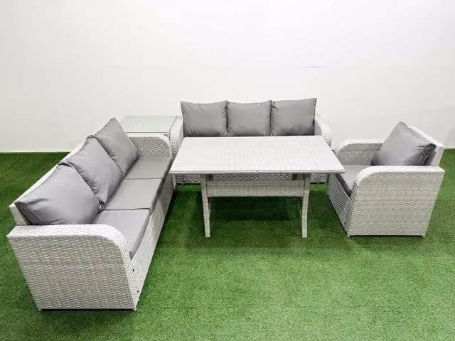 Fimous 7 Seater Poly Rattan Outdoor Garden Furniture Set in Grey with Rectangular Glass Dining Table, 3 Seater Sofa, 3 Reclining Chairs and Side Table