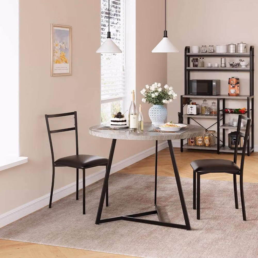 London Boutique 3-Piece Dining Set with Round Kitchen Table and 2 Grey Upholstered Chairs – 3