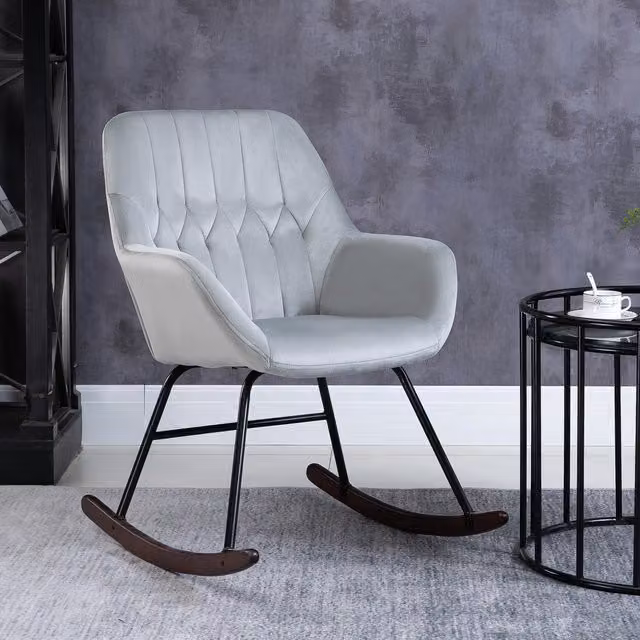 HOMCOM Modern Tub Rocking Chair with Armrests and Foam Padding, Grey Fabric with Black Metal Frame