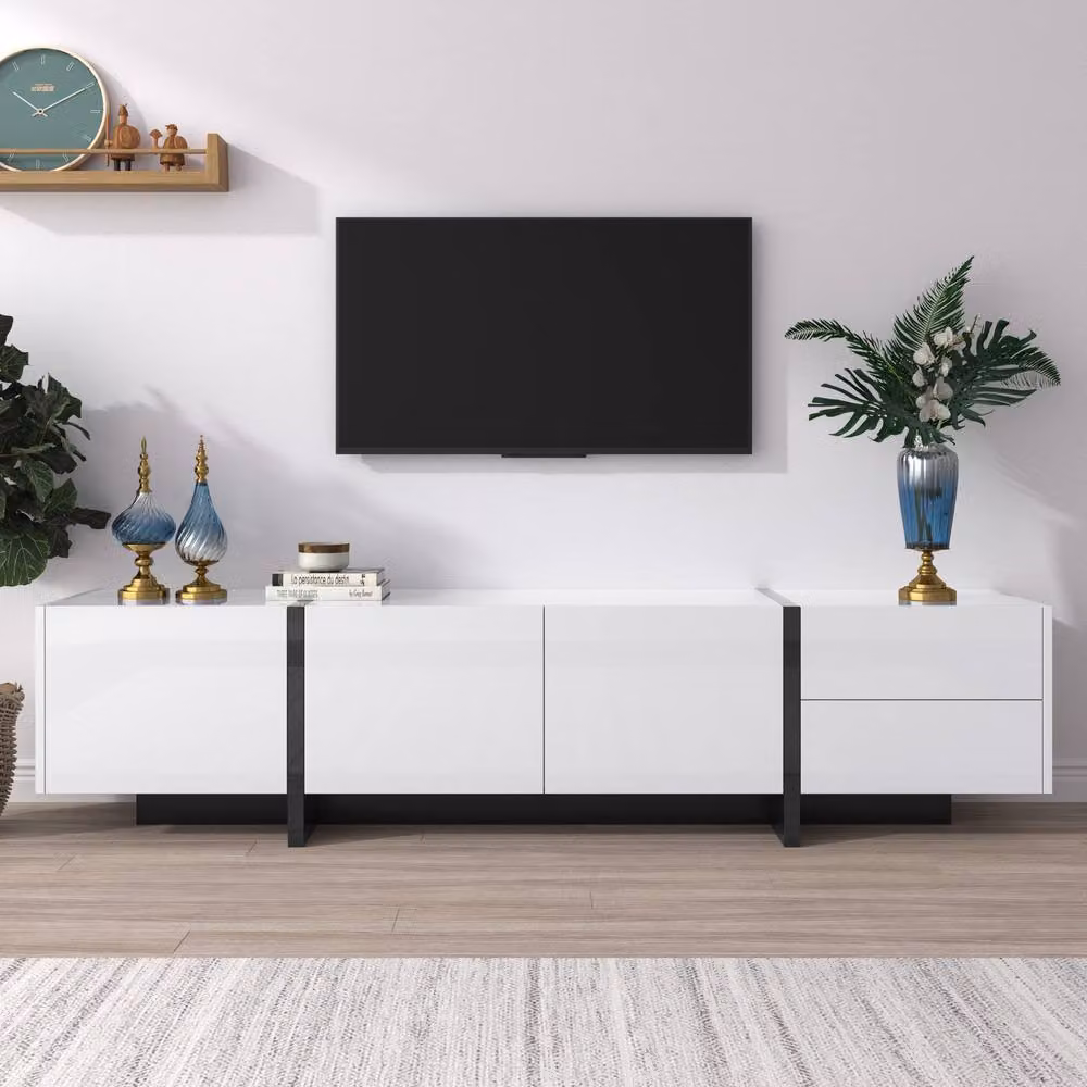 BTM High-Gloss Modern TV Stand in White, Black and Multicolour with Doors and Drawers, W/D/H: 190.0 x 45.0 x 41.05 cm – 3