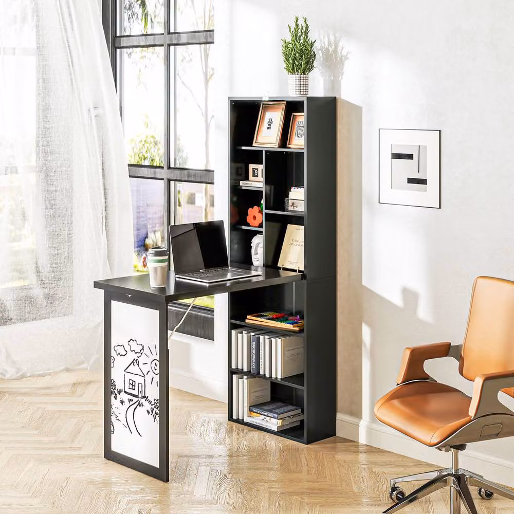 STILVORA Black Modern Folding Writing Desk with Enclosed Cabinet Storage – 2