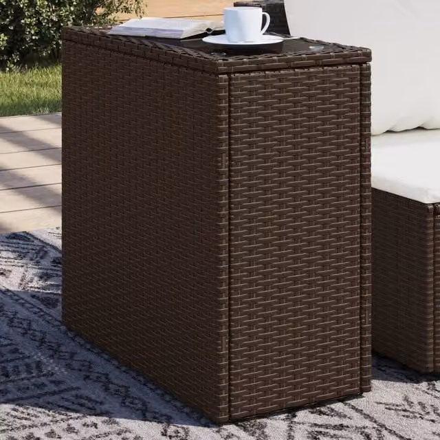 Berkfield Home Brown Poly Rattan Garden Side Table with Glass Top, W/D/H: 58 x 27.5 x 55 cm