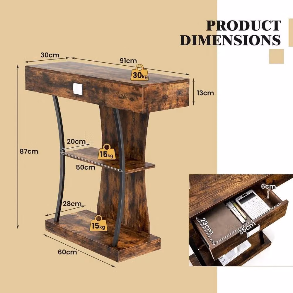 VOGREX Industrial T-Shaped Narrow Console Sofa Table in Brown – 2
