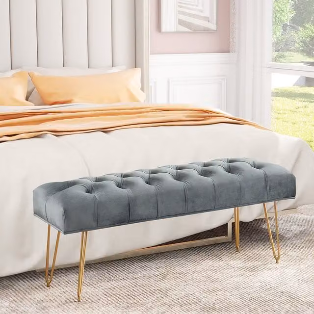 Livingandhome Buttoned Tufted Velvet Bench with Gold Metal Hairpin Legs - Grey