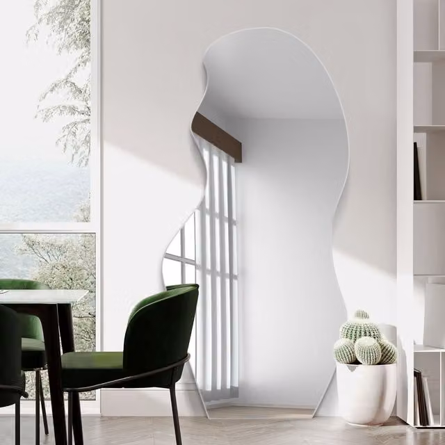 MirrorOutlet Modern Frameless Organic Pond Leaner Wall Mirror in Silver or Black