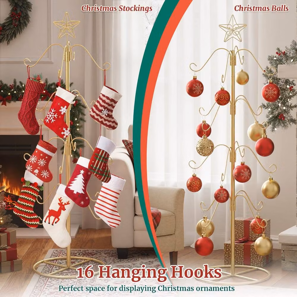 Gymax Gold Metal Christmas Stocking Holder Stand with Star Decoration and 16 Hanging Hooks, Height: 121 cm – 4