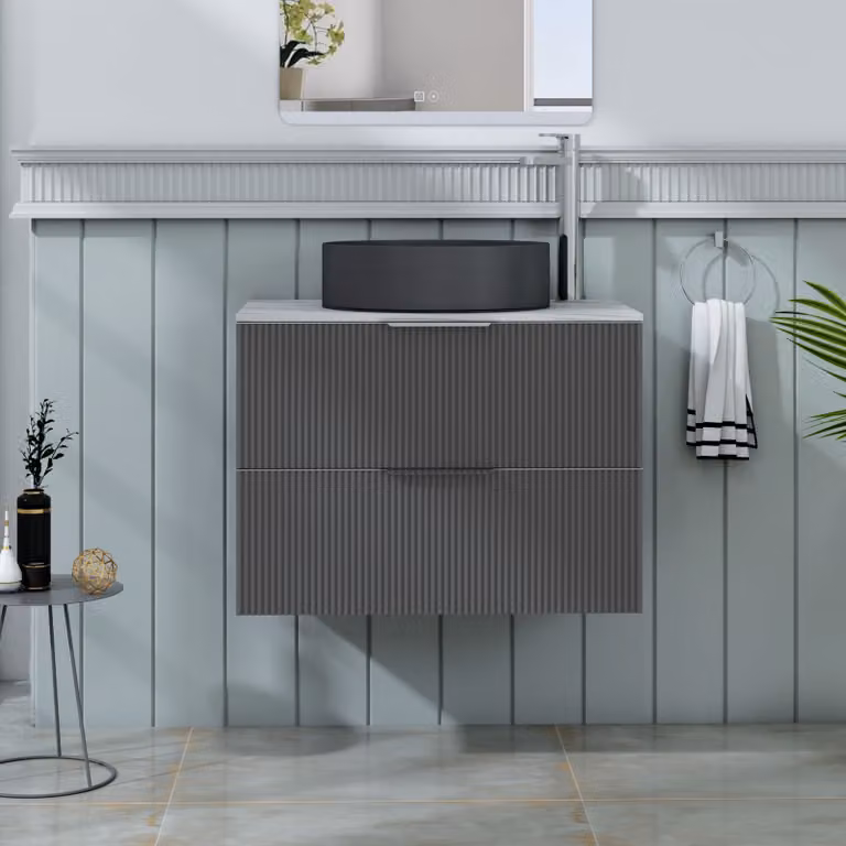 Royal Bathrooms Evora 700mm Graphite Grey Fluted Wall Hung Countertop Vanity Unit with 2 Drawers and Art Round Basin