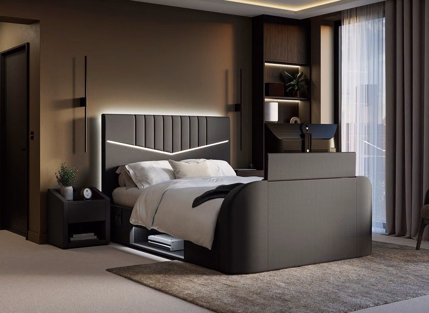 Dreams Quantum TV Bed in Grey Upholstered Fabric with Lift Up Base and Under Bed Lighting