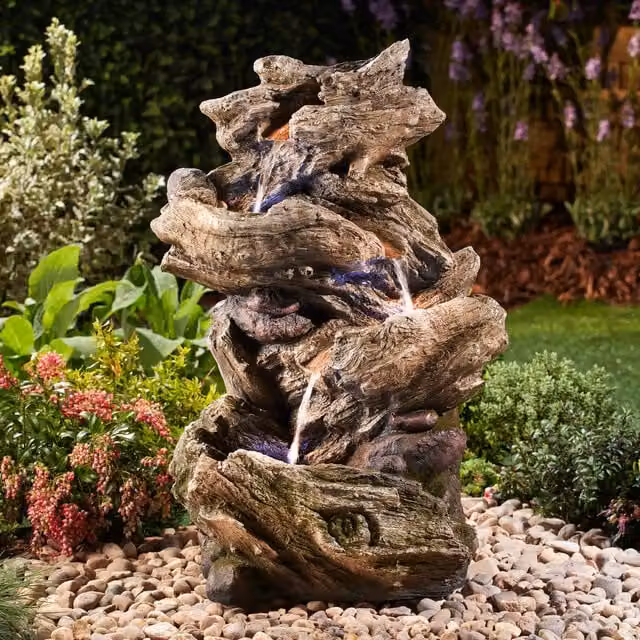 Serenity Brown Four-Tier Cascade Water Feature with LED Lighting and Rustic Wood-Effect Finish