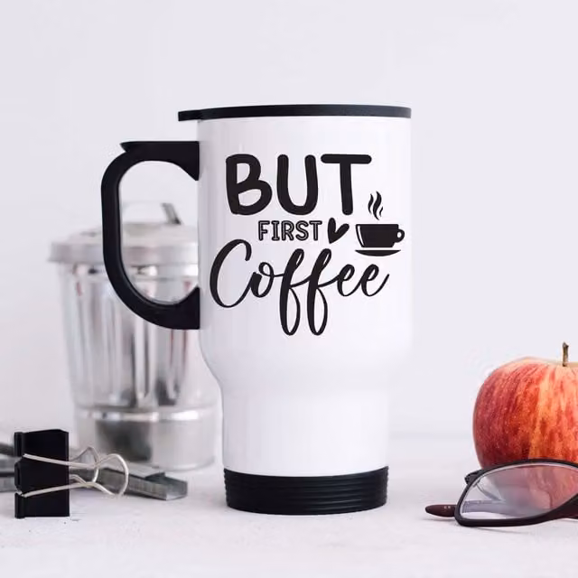 60 Second Makeover Limited But First Coffee Metal Travel Mug in White