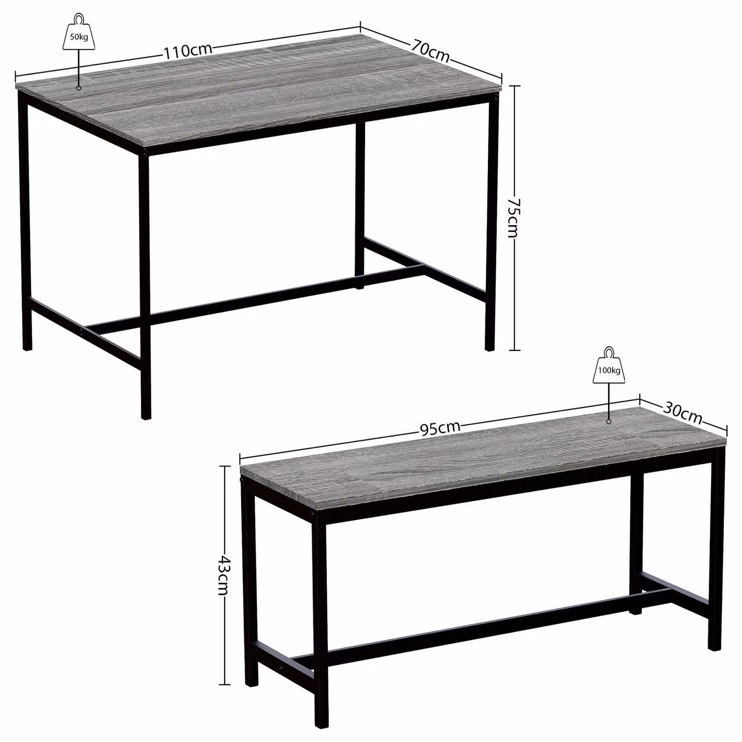 Vida Designs Roslyn 4 Seater Dining Table and Bench Set in Dark Grey – 2