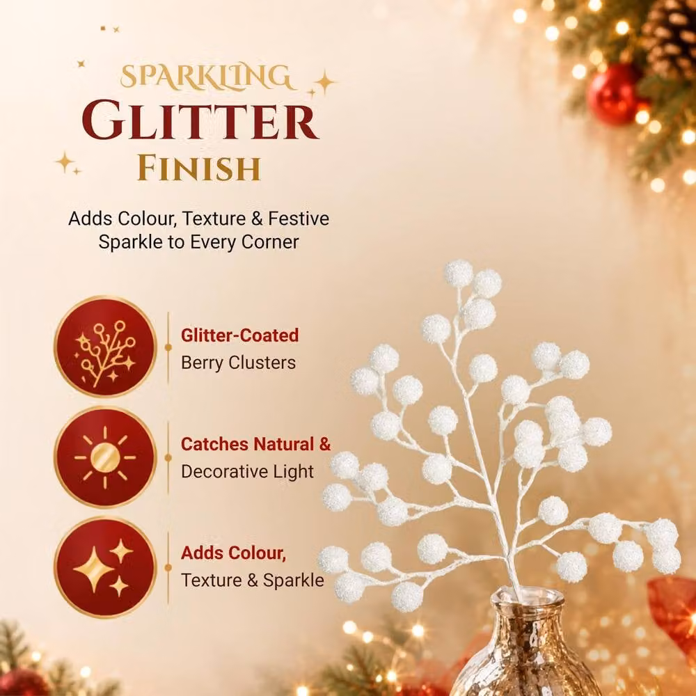 Shatchi 18 Pack White Glitter Berry Picks for Christmas and Winter Decor, Height: 45 cm – 4