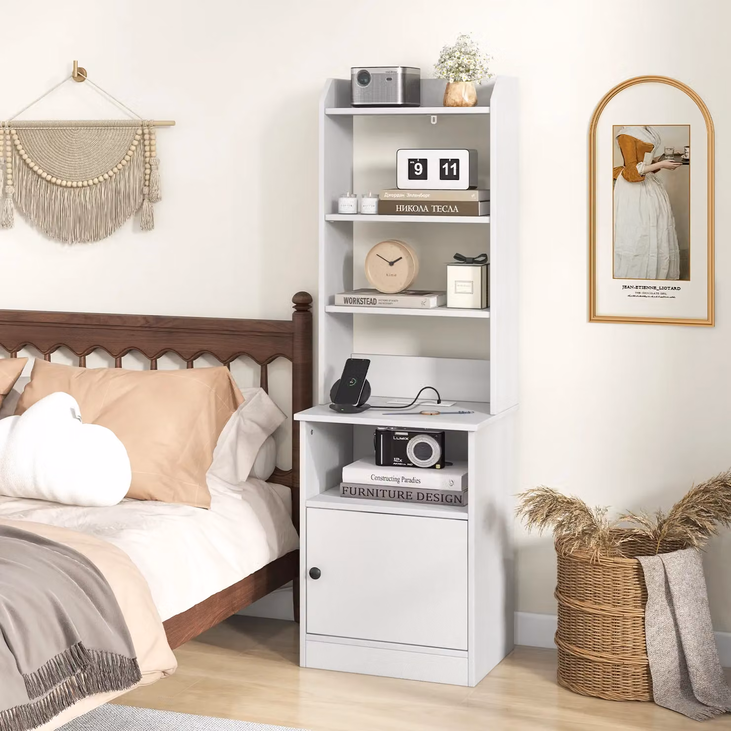 Gymax Tall White Nightstand with Shelves and Charging Station – 3