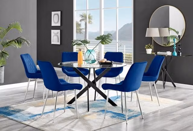 FurnitureboxUK Novara Round Glass Dining Table with 6 Pesaro Silver Chairs in Blue