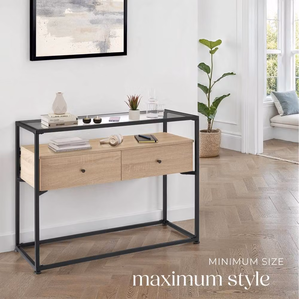 tectake Reading Sideboard in Light Oak with Safety Glass Tabletop and 2 Large Drawers – 4