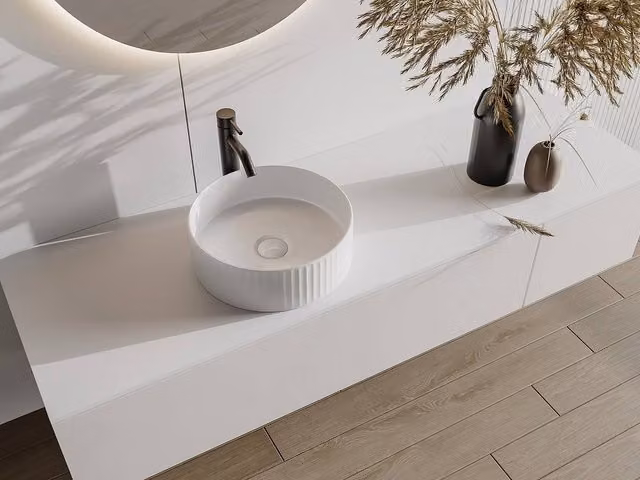 Vente-unique PEDARA Round Ribbed Ceramic Washbasin in White, Diameter: 36 cm – 1