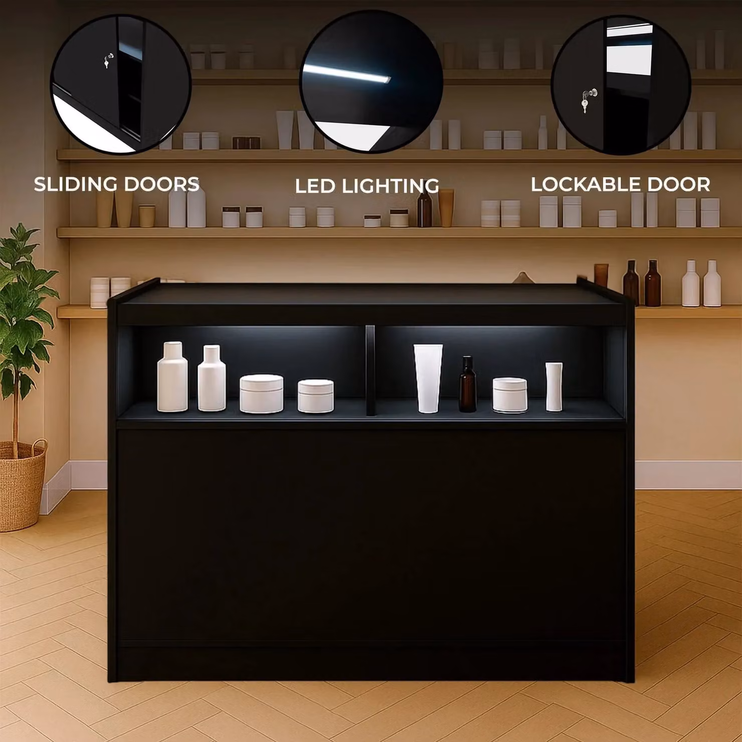 Monstershop B1200 LED Retail Shop Counter in Black with Glass Sliding Doors and Integrated Lighting – 1
