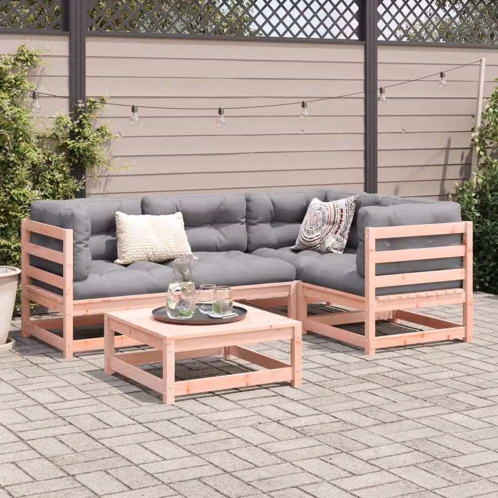 Berkfield Home 5 Piece L-Shape Garden Sofa Set in Brown with Grey Fabric Cushions and Solid Wood Frame – 2
