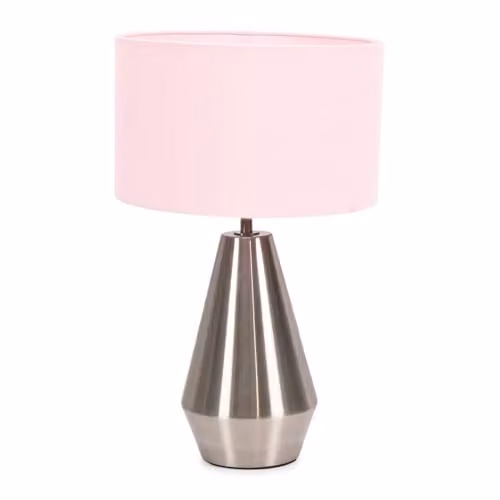 ValueLights Silver Chrome Metal Touch Dimmer Table Lamp with Blush Pink Fabric Drum Shade