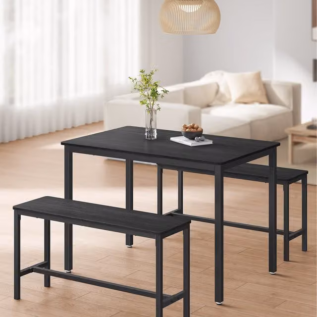 VASAGLE Industrial Dining Table and 2 Benches Set, Black