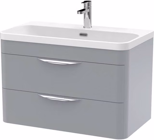 Balterley Aldershawe Wall Hung 2 Drawer Bathroom Vanity Unit with Thin Edge Ceramic Basin in Matt Grey, Width: 80 cm