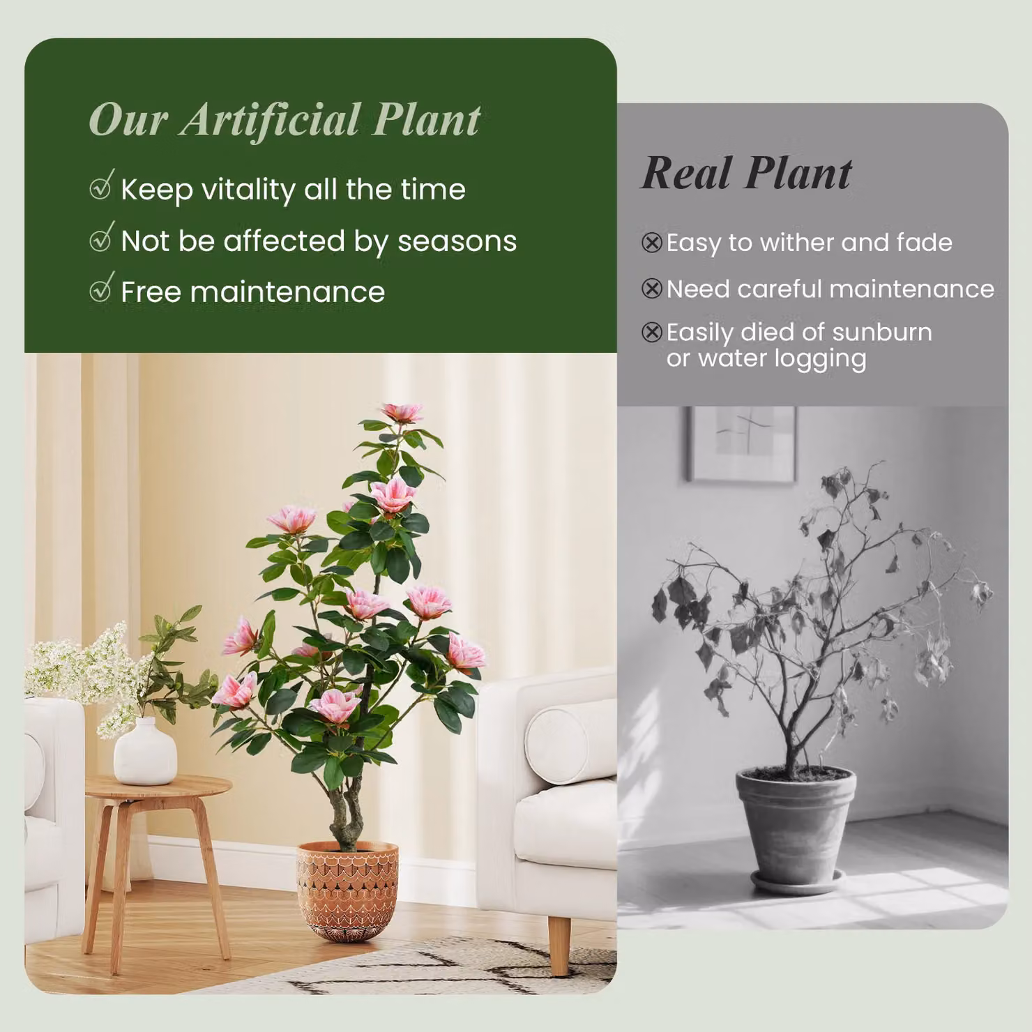 Costway Artificial Magnolia Tree in Green and Pink with Concrete Nursery Pot, Height: 100 cm – 6