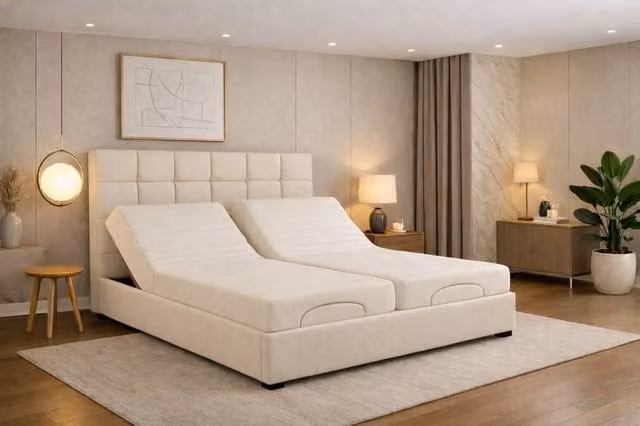Paradise Beds Ltd Electric Adjustable Bed Set with Cube Design Headboard in Beige, Super King Size (200 x 200 cm)