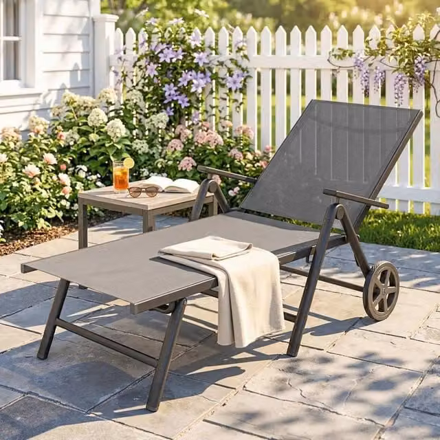 FORGEVIO Folding Sun Lounger with Wheels, 5-Position Adjustable Textilene Garden Chair in Grey