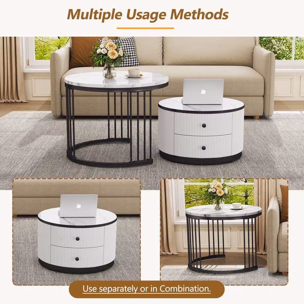 Merax Modern Round Nesting Coffee Table Set of 2 in White Glossy Finish – 3
