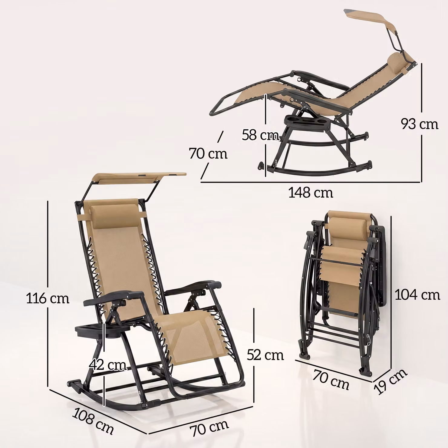 Outsunny Beige Garden Rocking Chair Folding Recliner with Adjustable Headrest and Side Holder – 3
