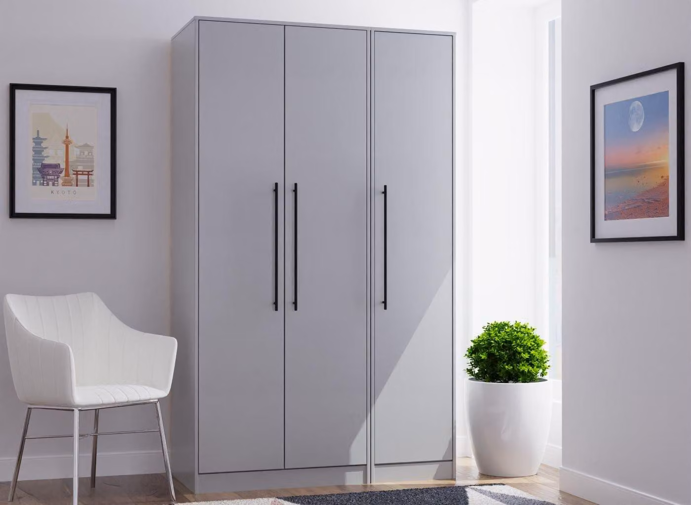 Oregon 3-Door Industrial Wardrobe in Black and Grey with Hanging Rod and Internal Shelves