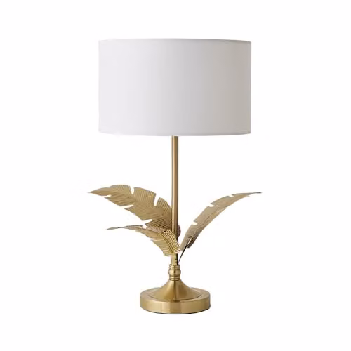 ValueLights Christina Single Stem Table Lamp with White Drum Shade and Gold Palm Leaf Detail, Includes LED Bulb