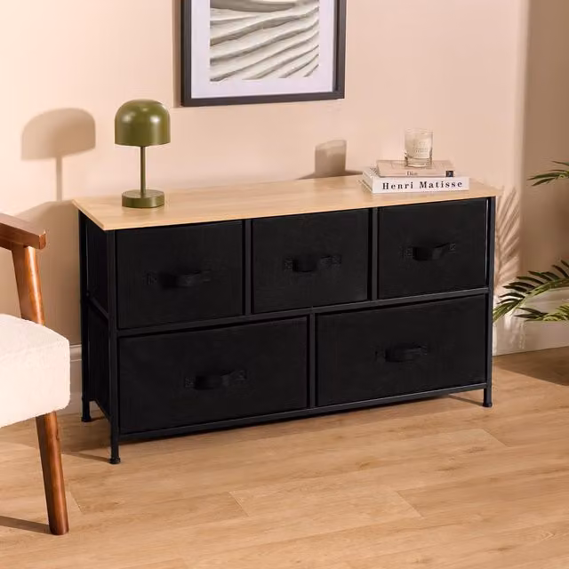 OHS Brooklyn Black Fabric 5-Drawer Chest Organiser Storage