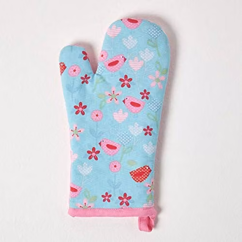 Homescapes Birds and Flowers Cotton Oven Glove in Pink and Blue, 18 x 32 cm
