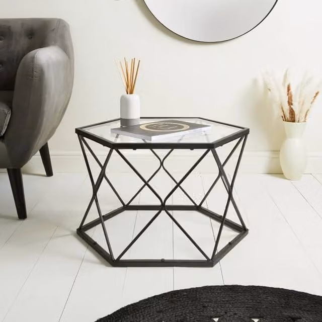 SPOT ON DEALZ Hexagon Glass Coffee Table and Black Side Table, W: 56 cm, D: 40 cm, H: 65 cm – 1