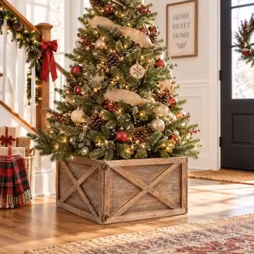 Shatchi Foldable Wooden Christmas Tree Skirt Box in Brown and White, W/D/H: 45 x 43 x 25 cm – 6