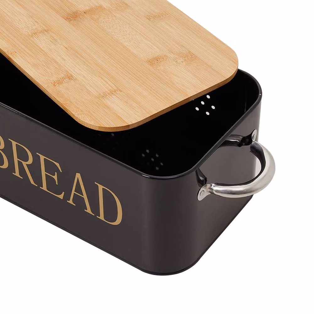 Living and Home Metal Bread Box in Black with Reversible Bamboo Lid and Handles – 3