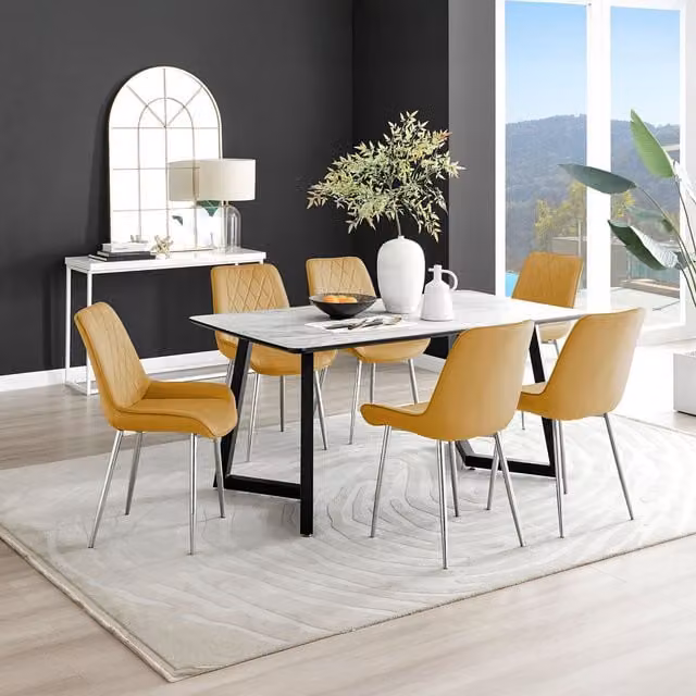 FurnitureboxUK Carson White Marble Effect Dining Table and 6 Pesaro Silver Chairs in Mustard